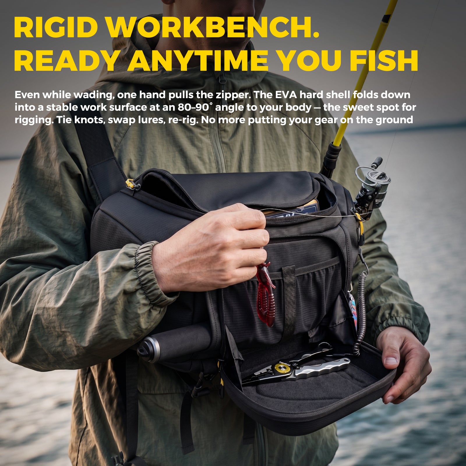 ARCPRO EVA Hardshell Fishing Sling Pack with Foldable Work Station – ArcPro Fishing