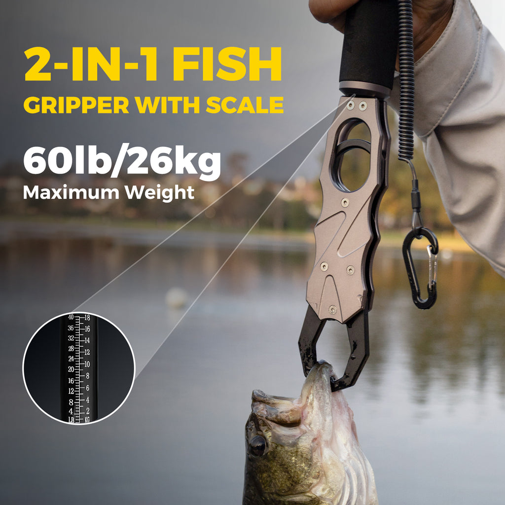 ArcPro 2-in-1 Fish Lip Gripper, One-Finger Operation, Aluminum Fish Gripper with Scale