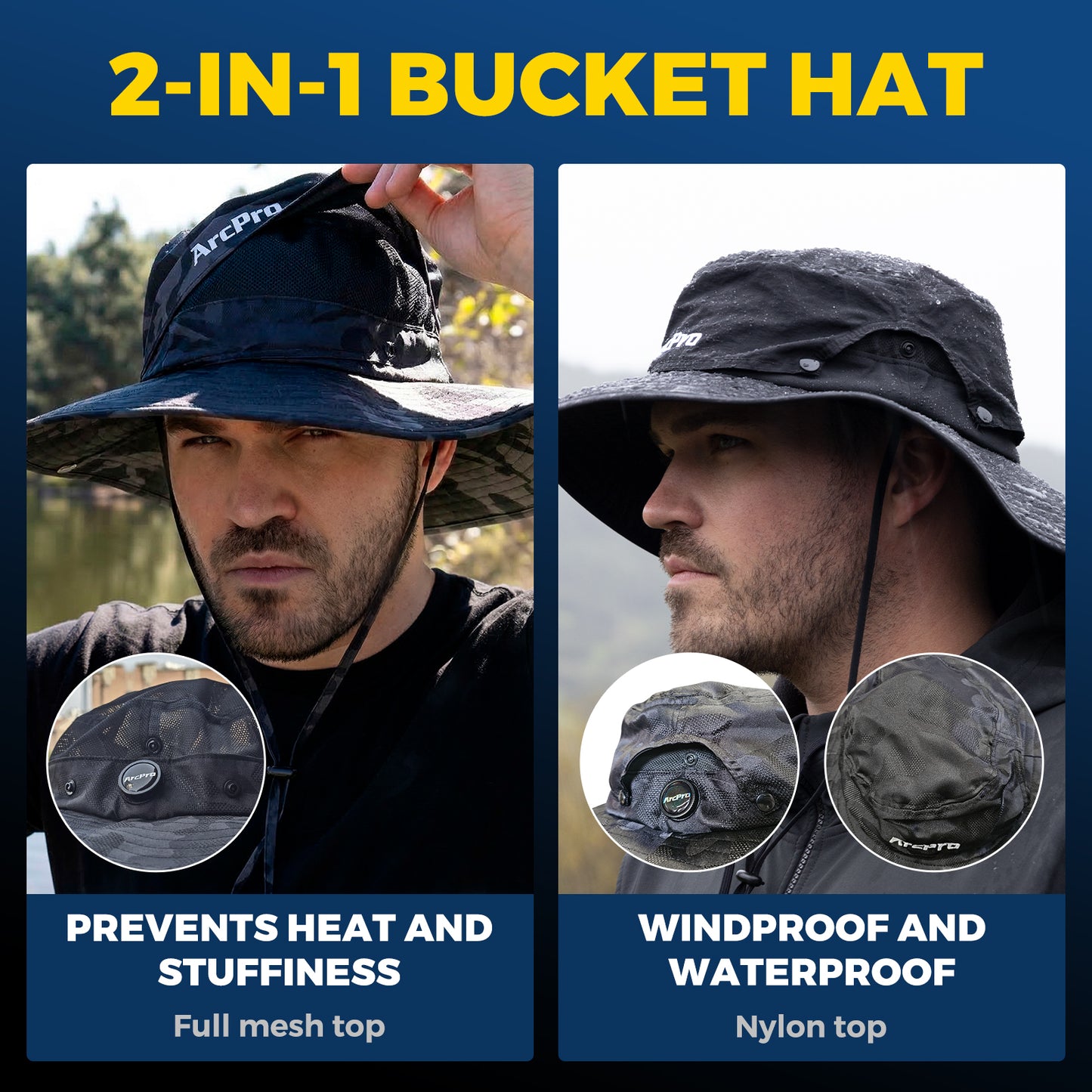 ARCPRO 2-in-1 Waterproof Fishing Hat with Removable Top, Breathable Sun Mesh Hat
