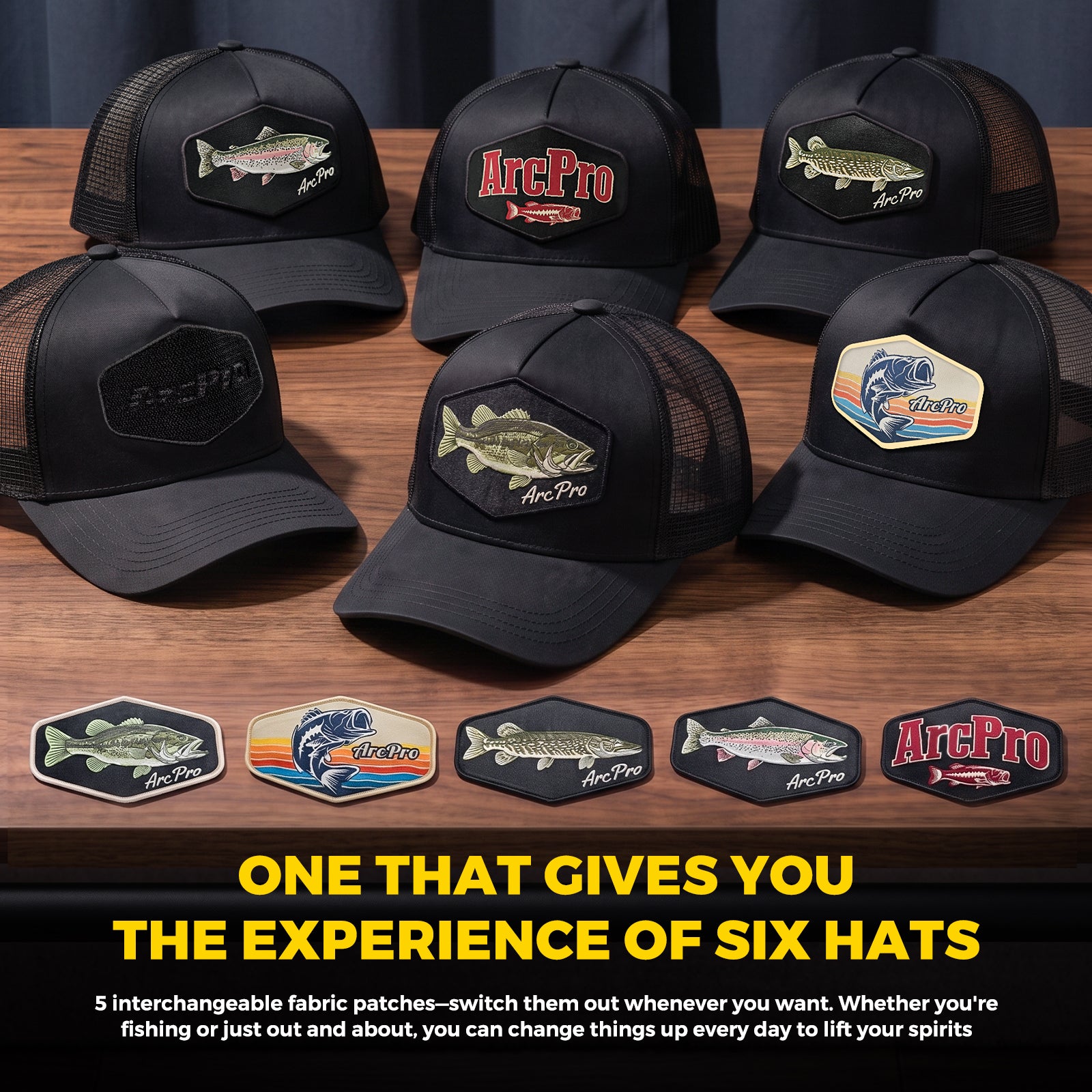 Fishing Baseball Cap for Men Mesh Back Trucker Hat with 5Pcs Interchangeable Hook-and-Loop Patches, Extended Adjustable Head Circumference Fishing Cap for Outdoor Fishing Dad