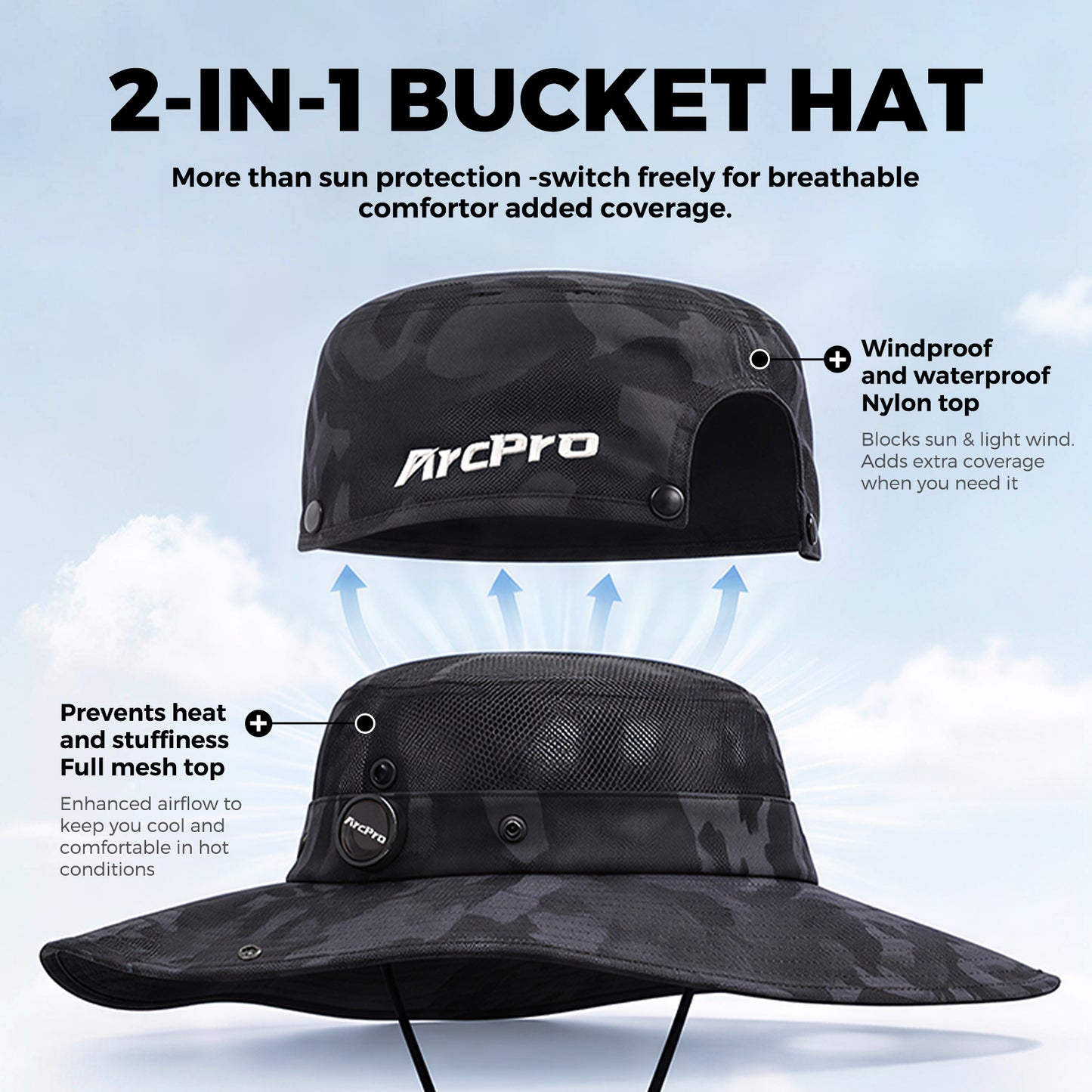 ARCPRO 2-in-1 Waterproof Fishing Hat with Removable Top, Breathable Sun Mesh Hat