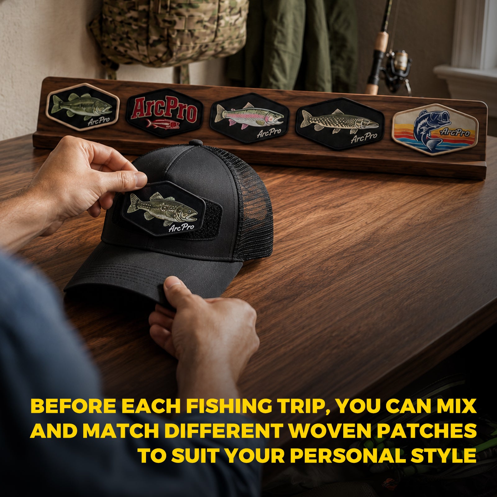 Fishing Baseball Cap for Men Mesh Back Trucker Hat with 5Pcs Interchangeable Hook-and-Loop Patches, Extended Adjustable Head Circumference Fishing Cap for Outdoor Fishing Dad