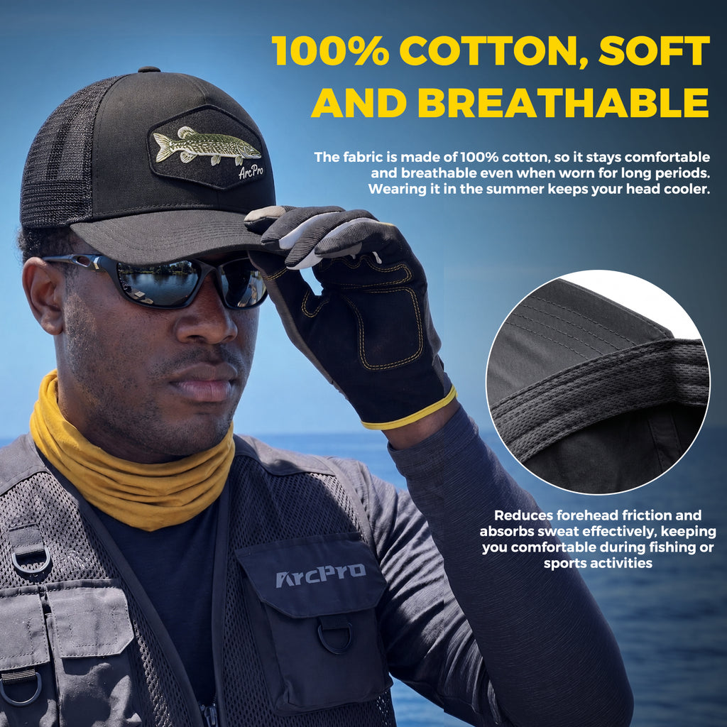 Fishing Baseball Cap for Men Mesh Back Trucker Hat with 5Pcs Interchangeable Hook-and-Loop Patches, Extended Adjustable Head Circumference Fishing Cap for Outdoor Fishing Dad