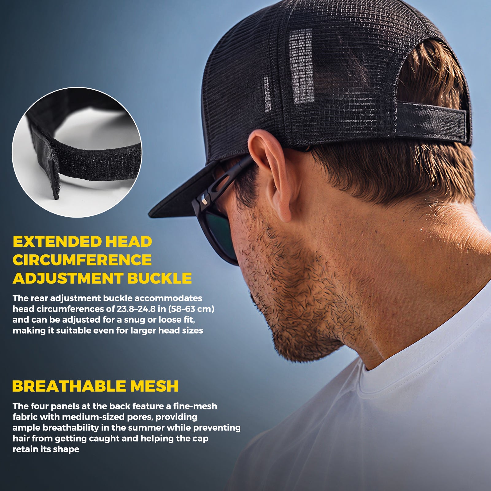 Fishing Baseball Cap for Men Mesh Back Trucker Hat with 5Pcs Interchangeable Hook-and-Loop Patches, Extended Adjustable Head Circumference Fishing Cap for Outdoor Fishing Dad