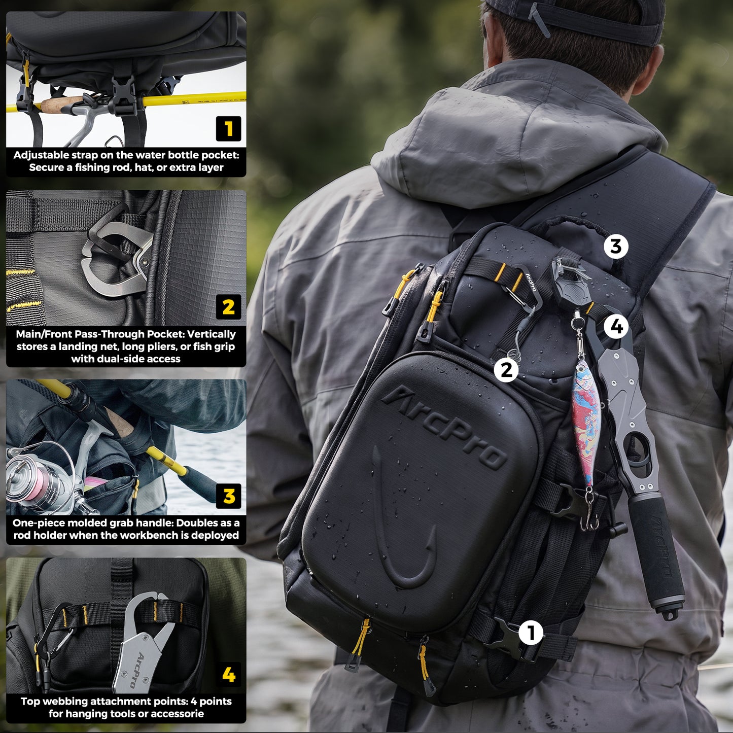 ARCPRO EVA Hardshell Fishing Sling Pack with Foldable Work Station