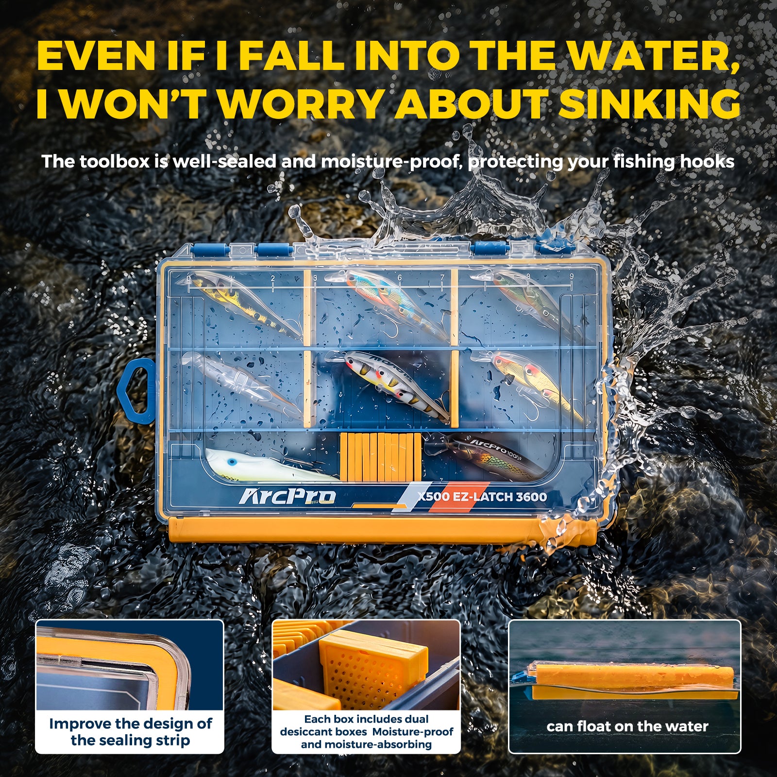 Arcpro 2 Pack 3600 Waterproof Fishing Tackle Box, Floating One-Hand Latch Bait Storage Case