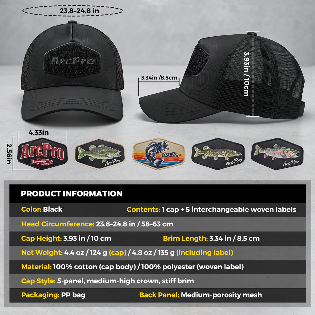 Fishing Baseball Cap for Men Mesh Back Trucker Hat with 5Pcs Interchangeable Hook-and-Loop Patches, Extended Adjustable Head Circumference Fishing Cap for Outdoor Fishing Dad