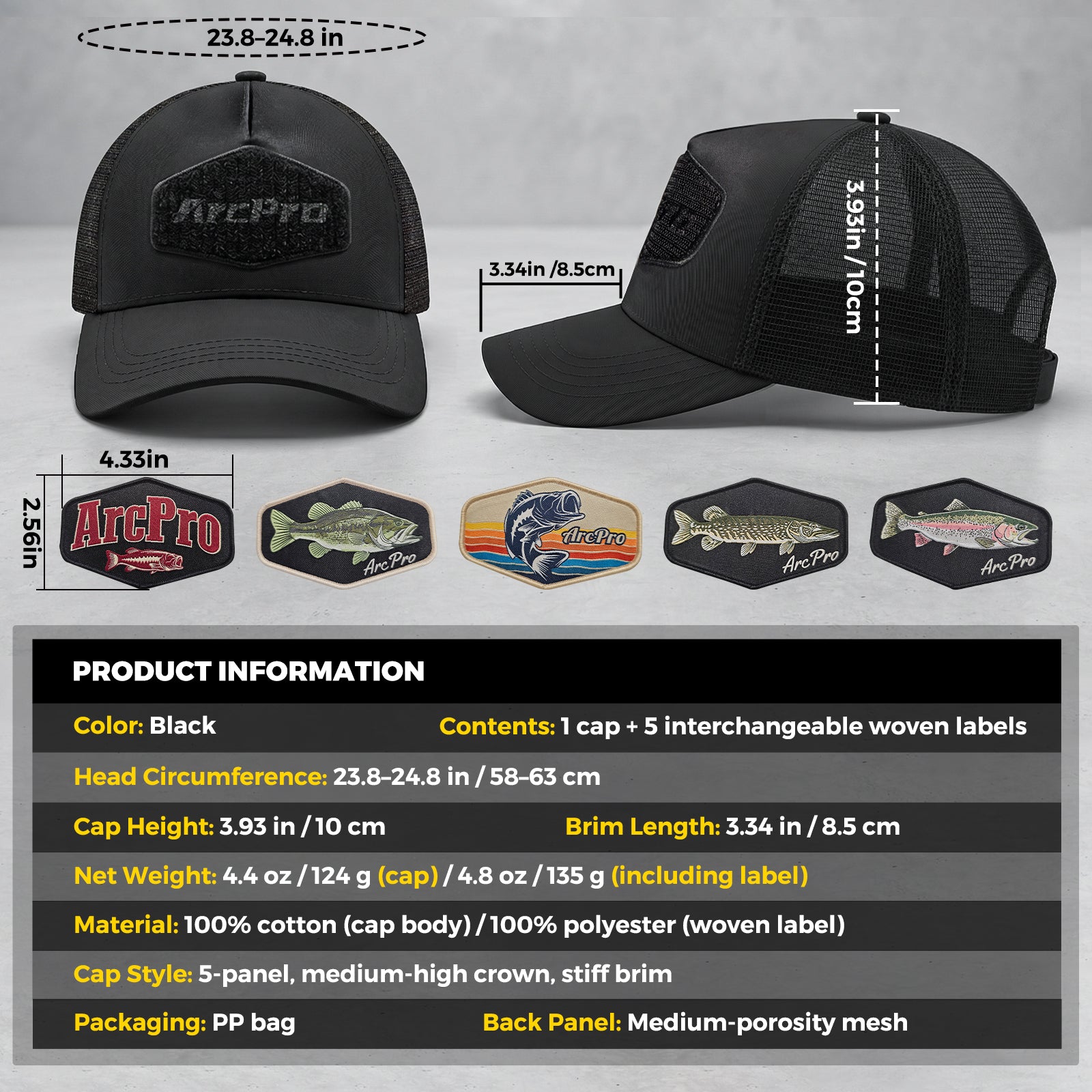 Fishing Baseball Cap for Men Mesh Back Trucker Hat with 5Pcs Interchangeable Hook-and-Loop Patches, Extended Adjustable Head Circumference Fishing Cap for Outdoor Fishing Dad
