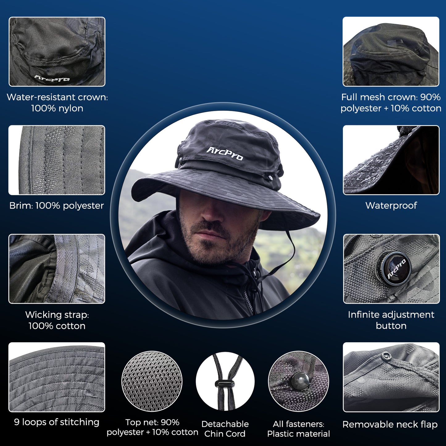 ARCPRO 2-in-1 Waterproof Fishing Hat with Removable Top, Breathable Sun Mesh Hat