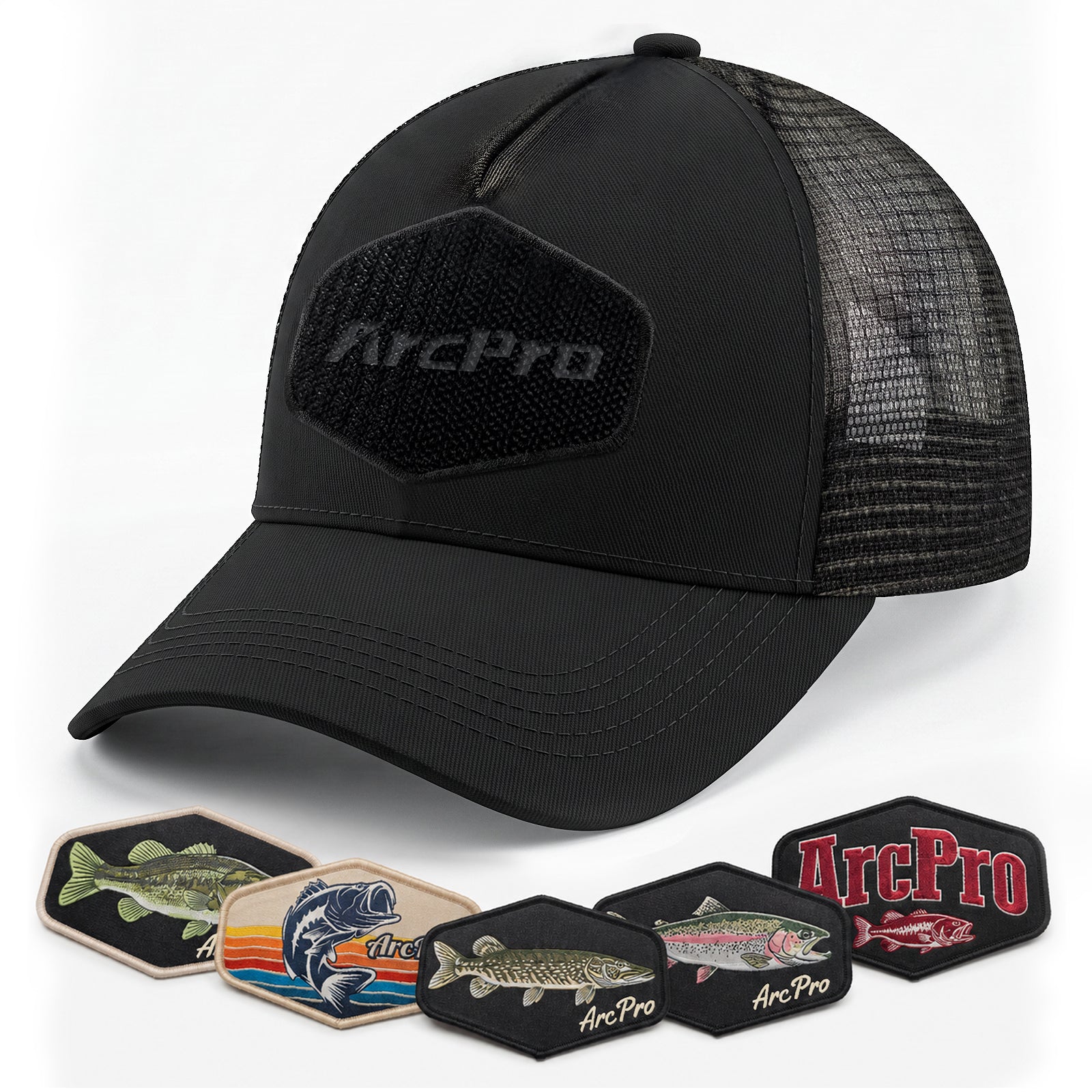 Fishing Baseball Cap for Men Mesh Back Trucker Hat with 5Pcs Interchangeable Hook-and-Loop Patches, Extended Adjustable Head Circumference Fishing Cap for Outdoor Fishing Dad