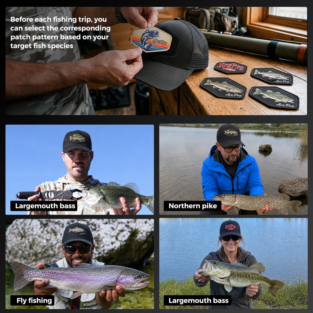 Fishing Baseball Cap for Men Mesh Back Trucker Hat with 5Pcs Interchangeable Hook-and-Loop Patches, Extended Adjustable Head Circumference Fishing Cap for Outdoor Fishing Dad