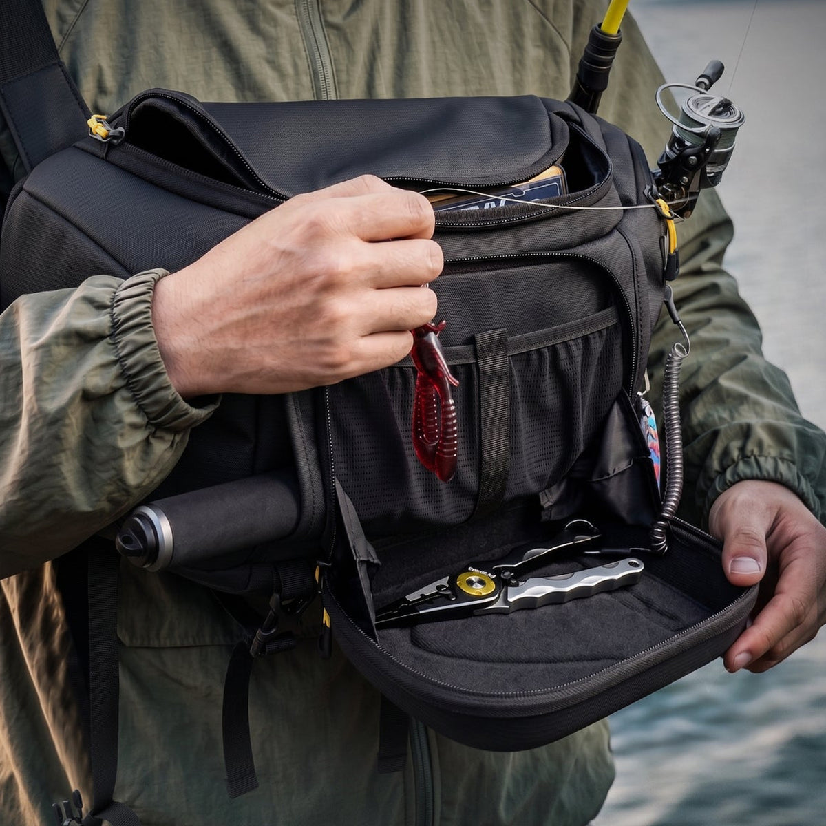 ArcPro EVA Hardshell Fishing Sling Pack with Fold-Down Work Station
