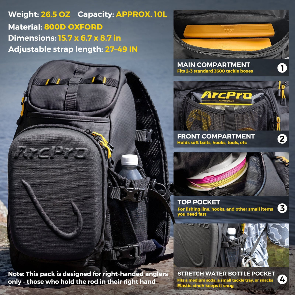 Sling pack specs and compartments, main compartment fits 3600 tackle boxes