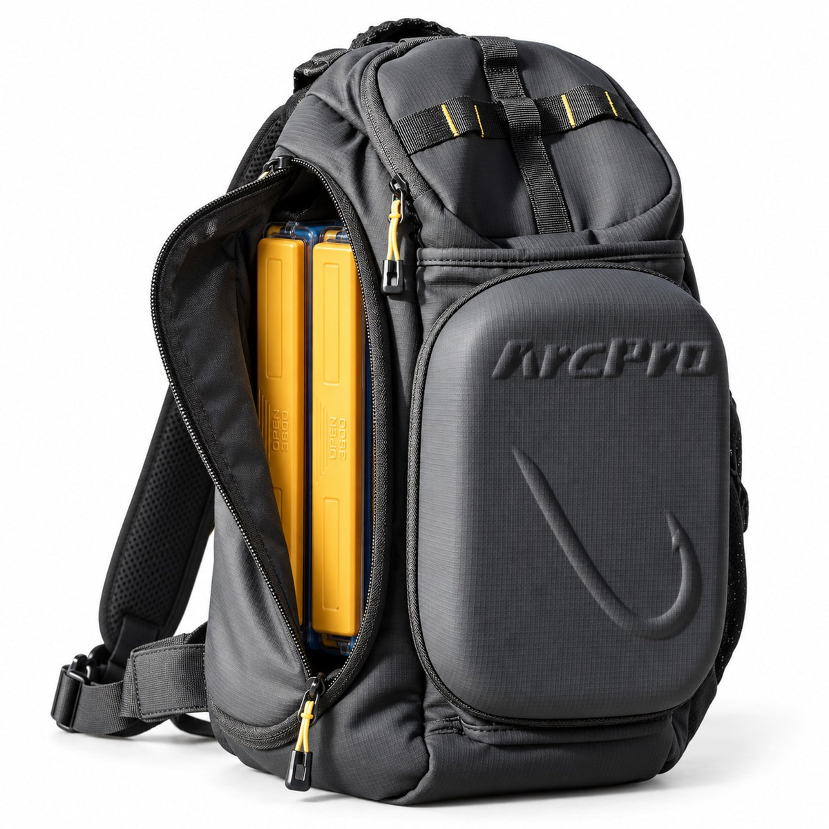 Two 3600 tackle boxes standing in the sling pack's main compartment, opened on the curved side zipper