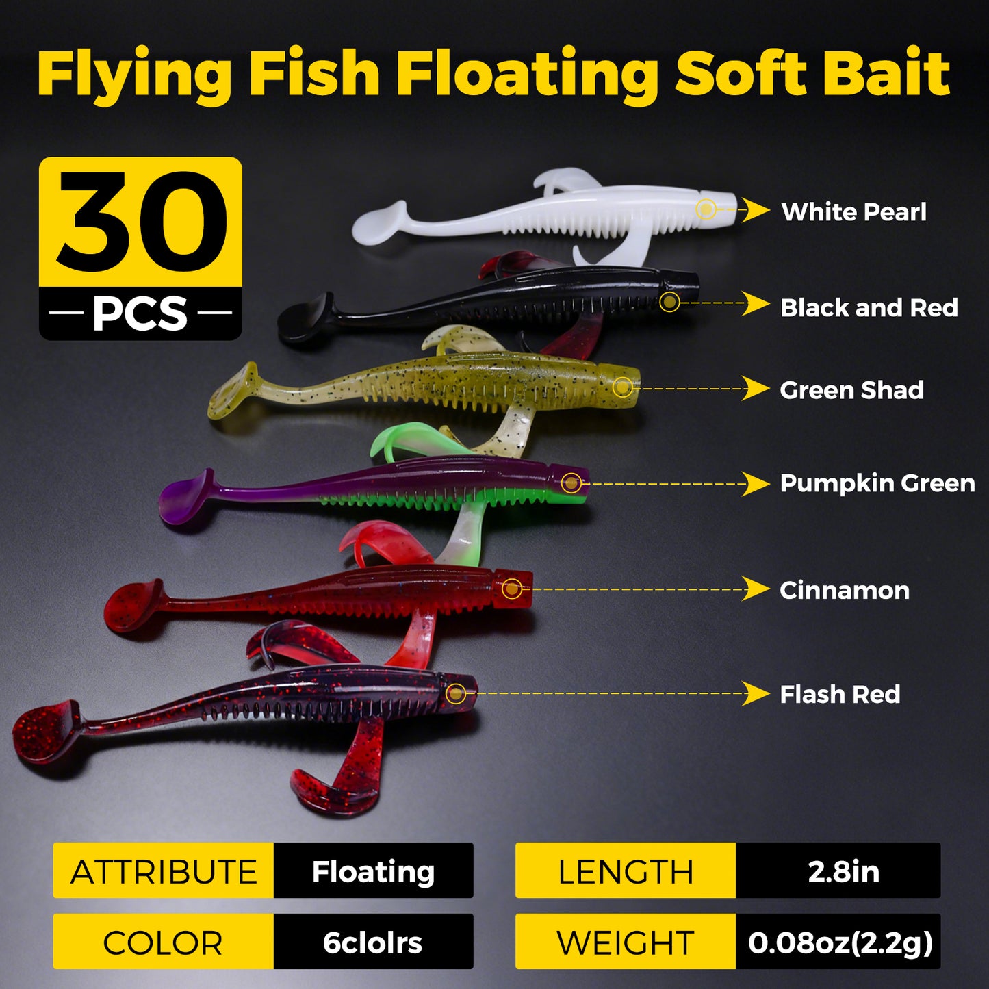 ArcPro Paddle Tail Swim Baits, 30Pcs TPE-Soft Plastic Baits