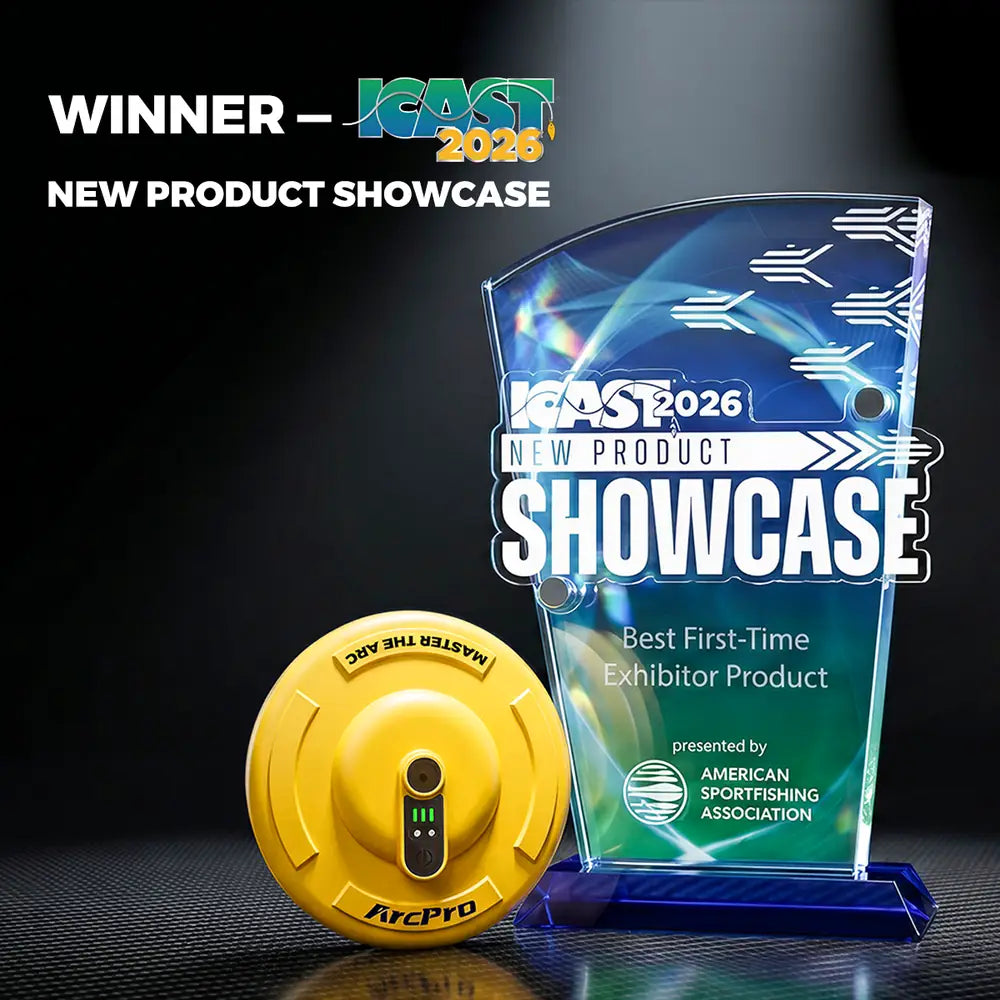 The ArcPro floating aerator next to its ICAST 2026 New Product Showcase trophy